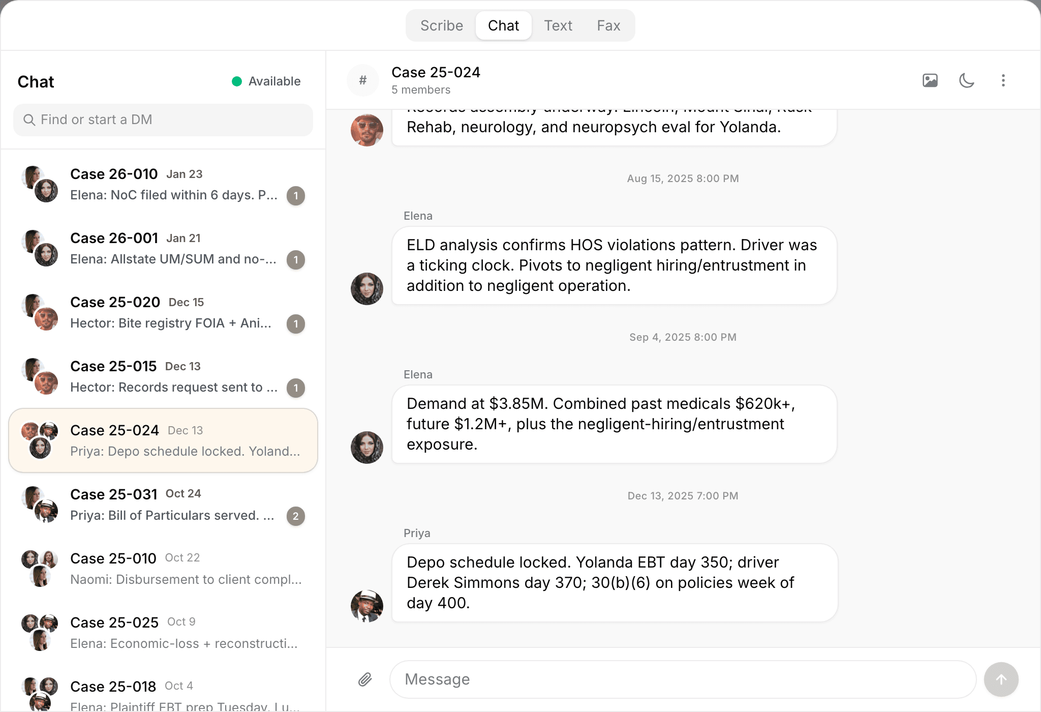 JurisBuild case communications: client text messages, faxes, and team chat associated with the case