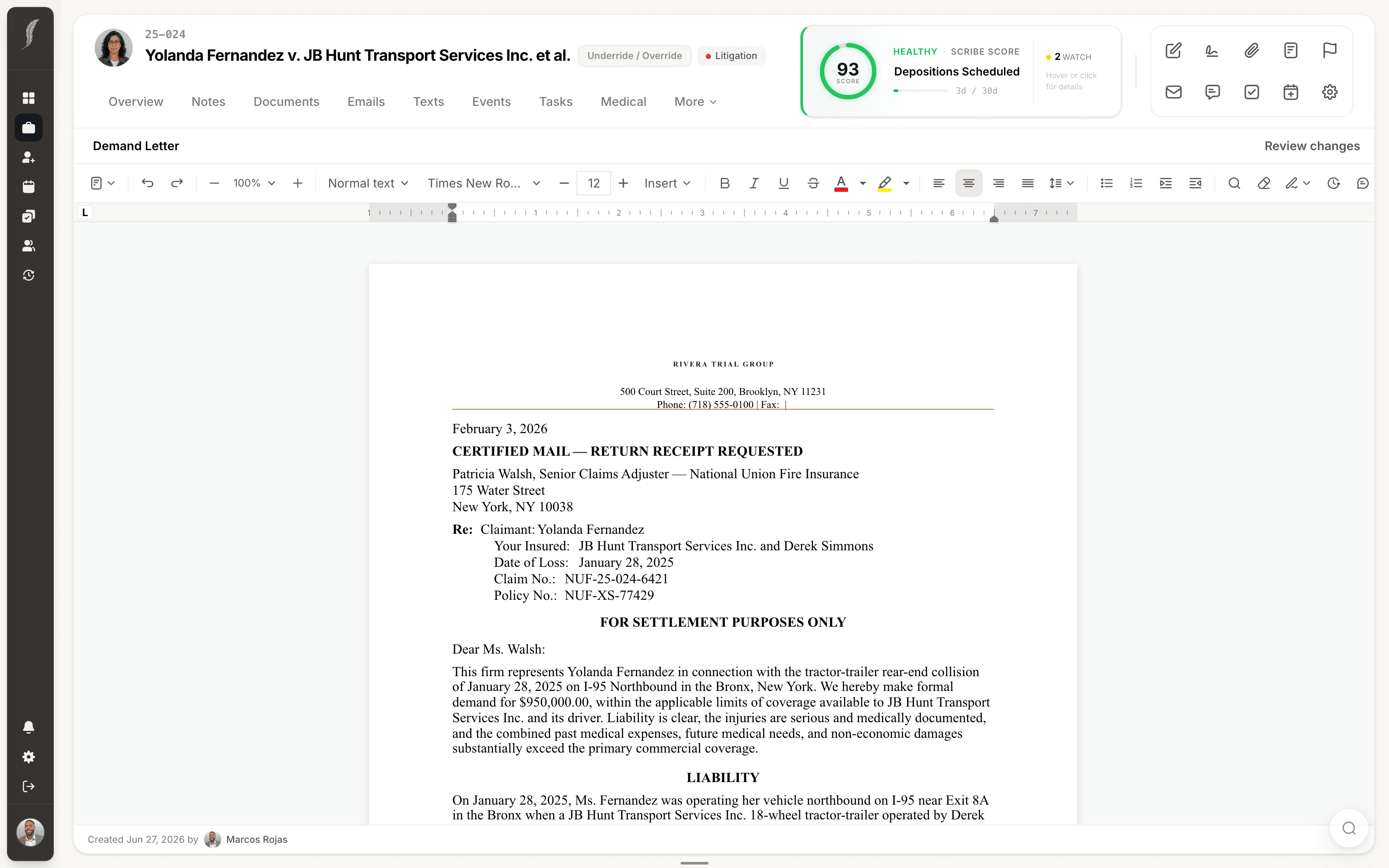 A demand letter open in the JurisBuild document editor, drafted from the records and bills already on the case