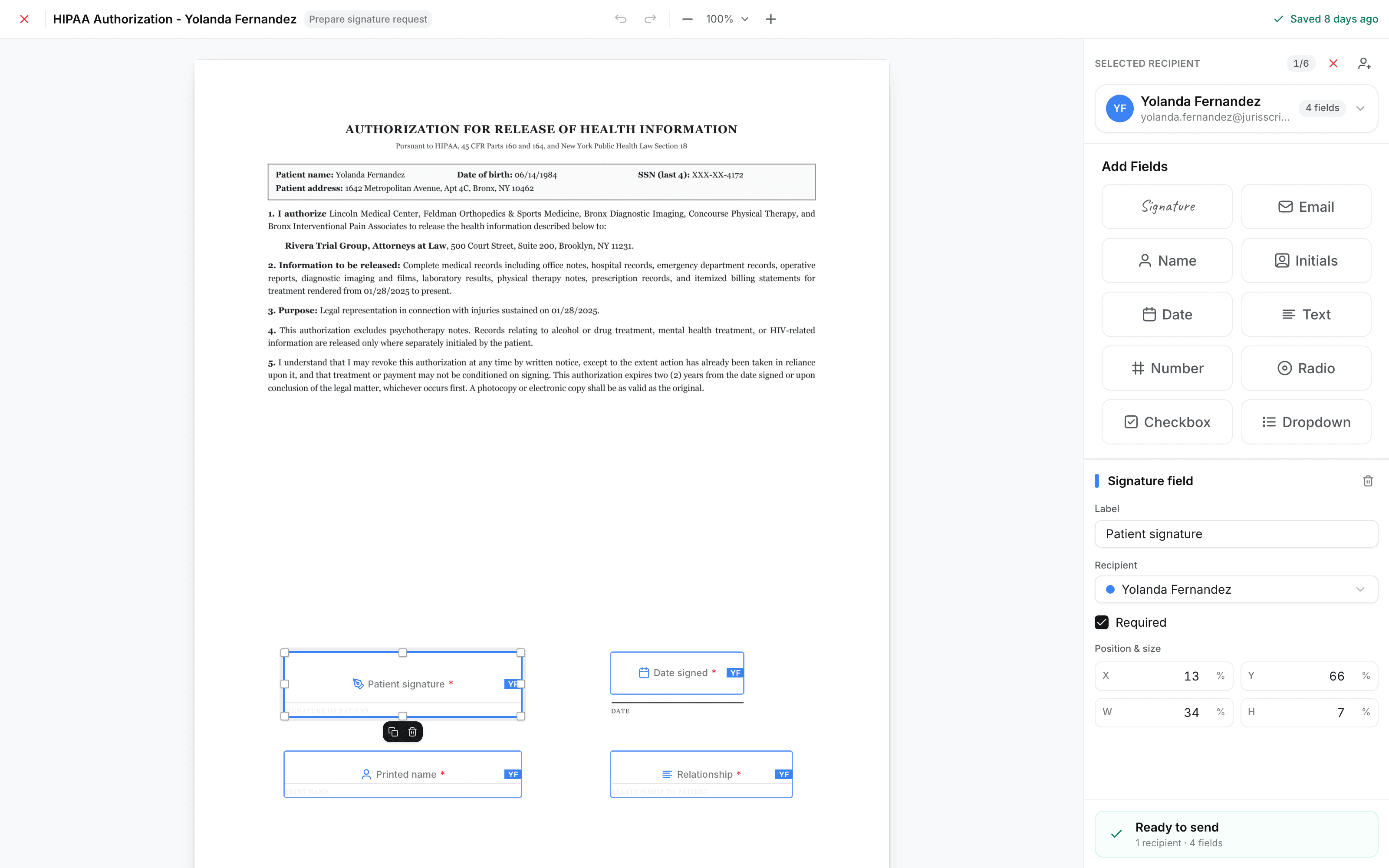 The JurisBuild e-signature designer placing signature fields on a retainer agreement