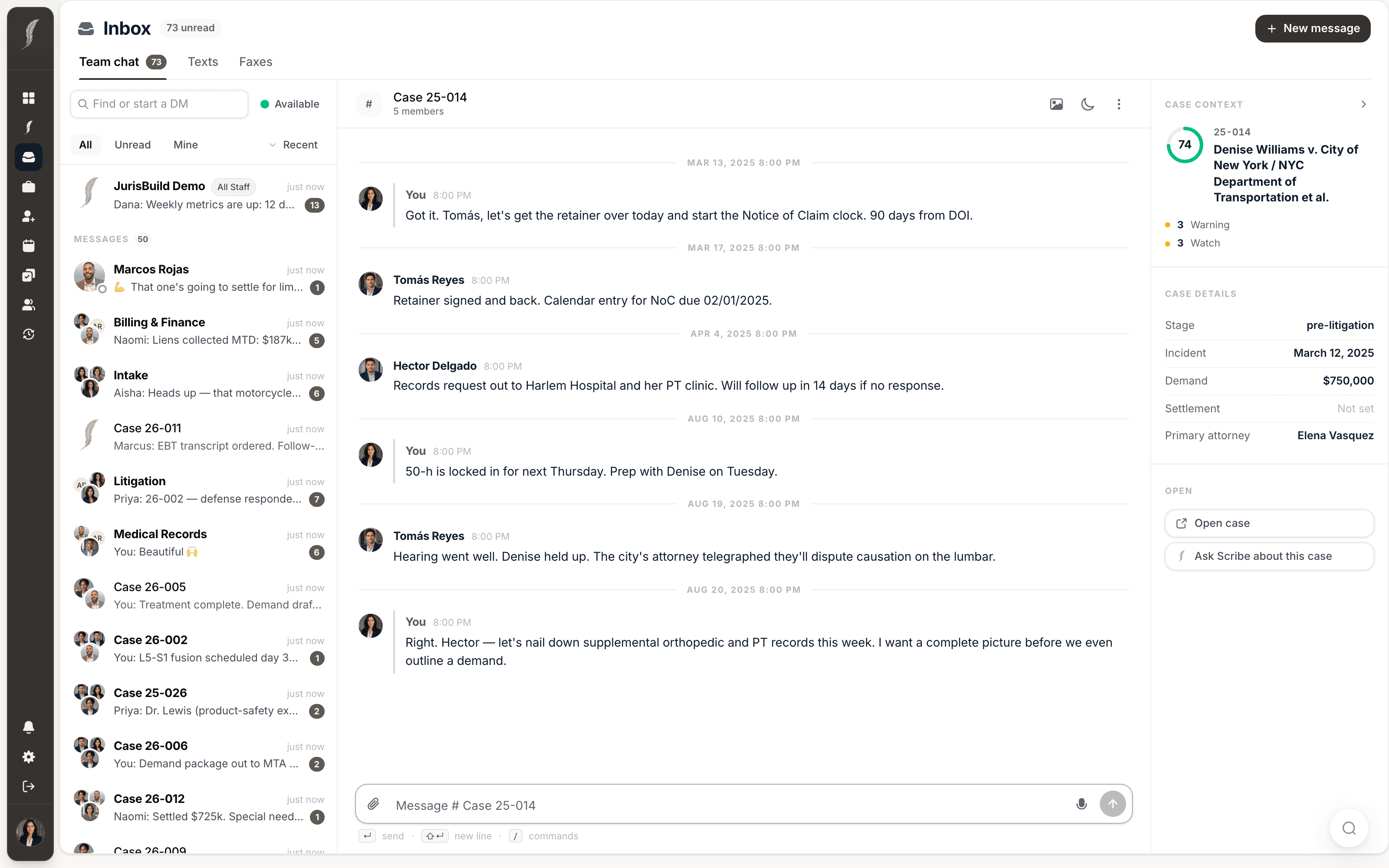 The JurisBuild Inbox: team chat, texts, and faxes in one list, with the matter's Scribe Score, stage, and demand beside the open thread