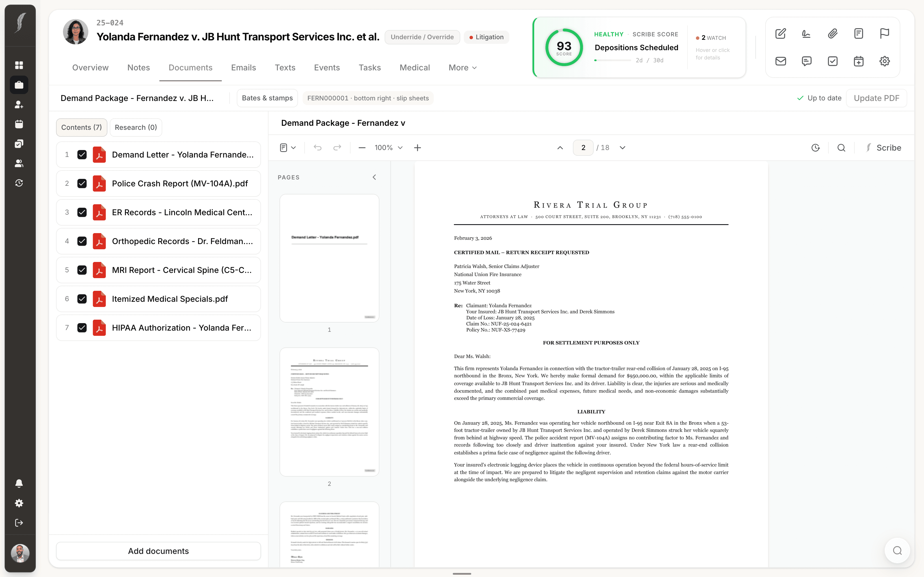 The JurisBuild packet designer assembling a demand package from case documents with drag-and-drop exhibit ordering