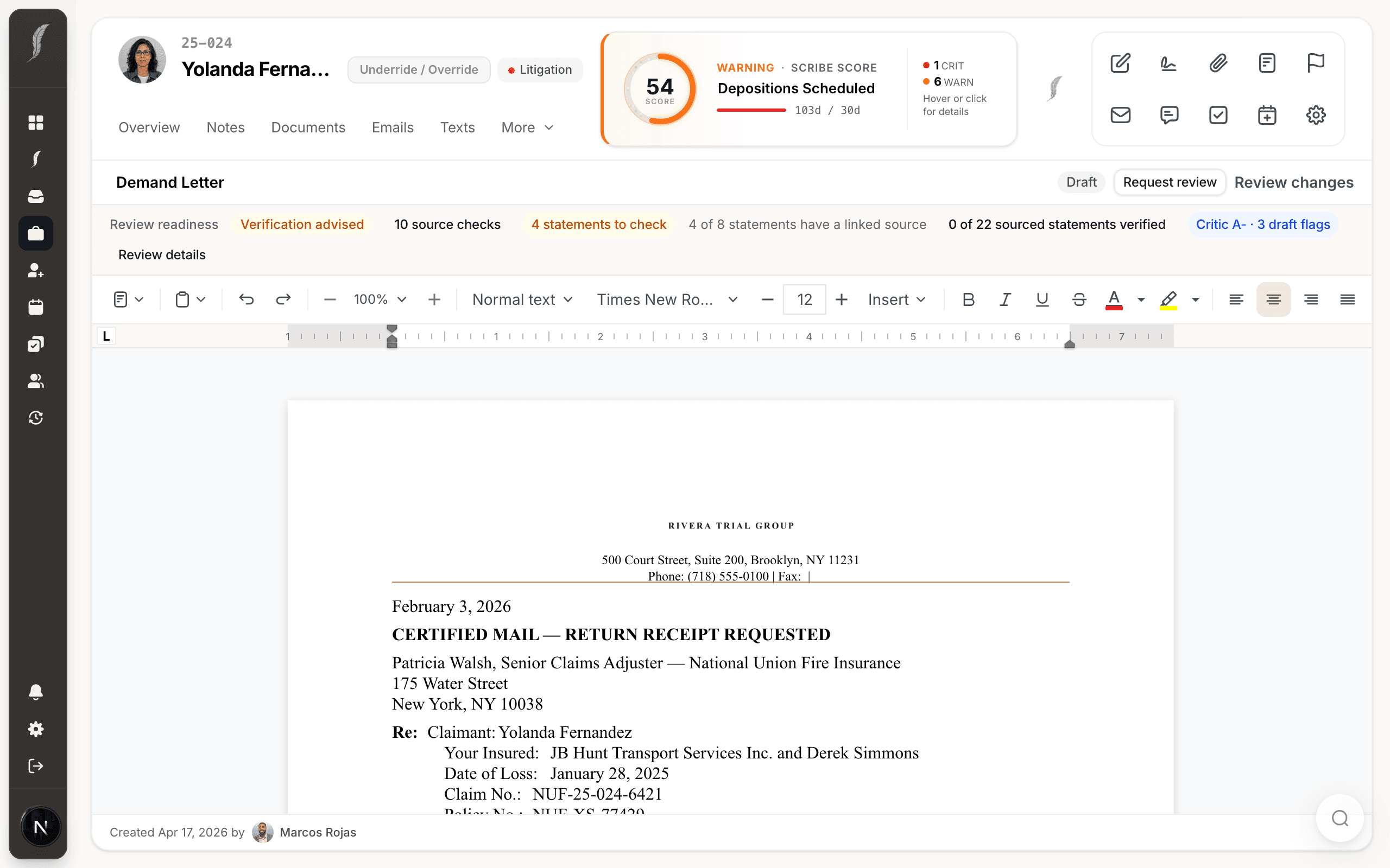 A demand letter open in the JurisBuild document editor, drafted from the records and bills already on the case