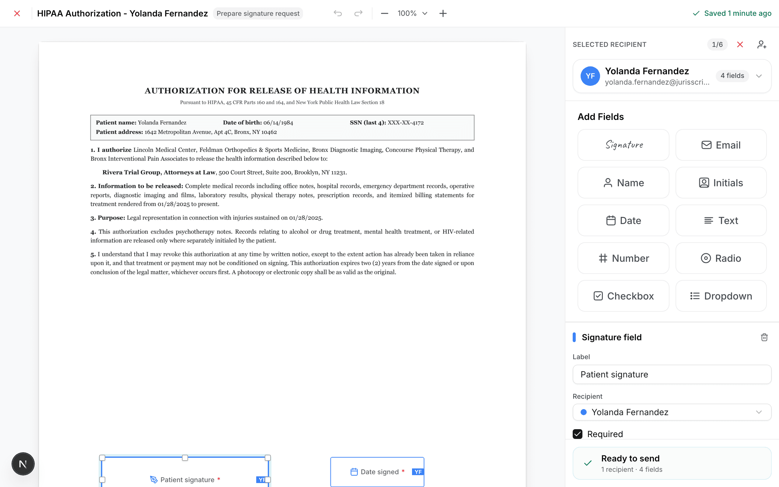 The JurisBuild e-signature designer placing signature fields on a HIPAA authorization, with the patient signature field selected