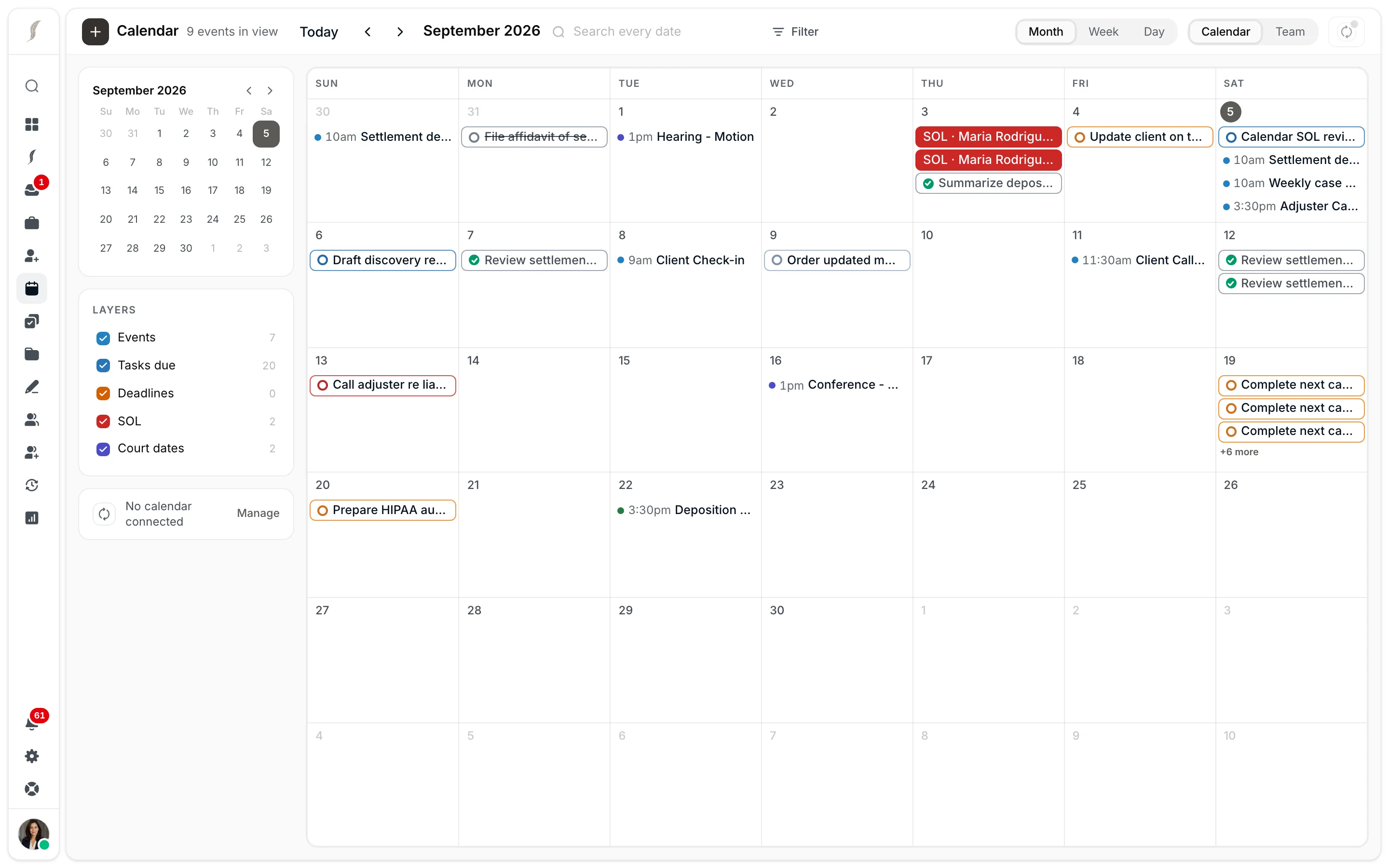 The JurisBuild calendar with its layers: events, tasks due, deadlines, statutes, and court dates, with conflicts flagged