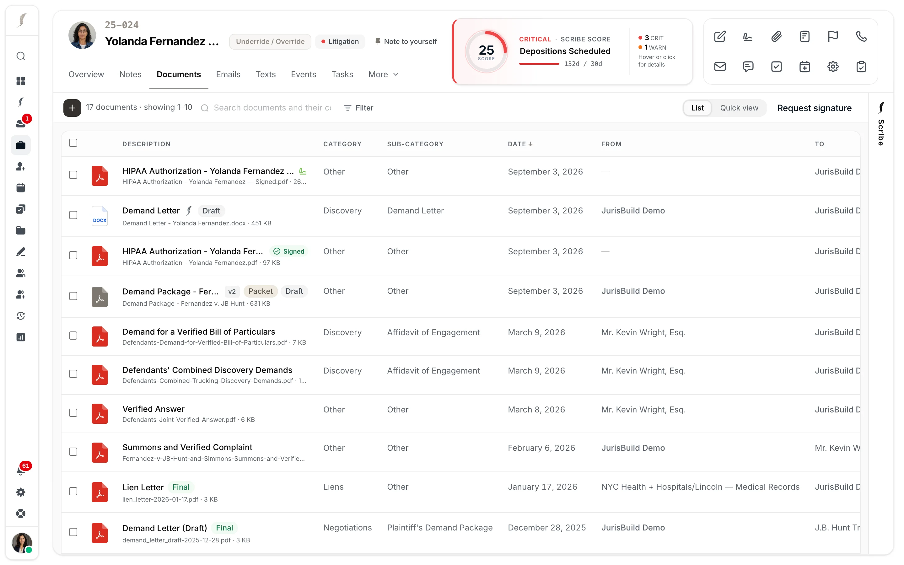 The JurisBuild case document list with a signed authorization, demand letter draft, demand packet, and signature request controls