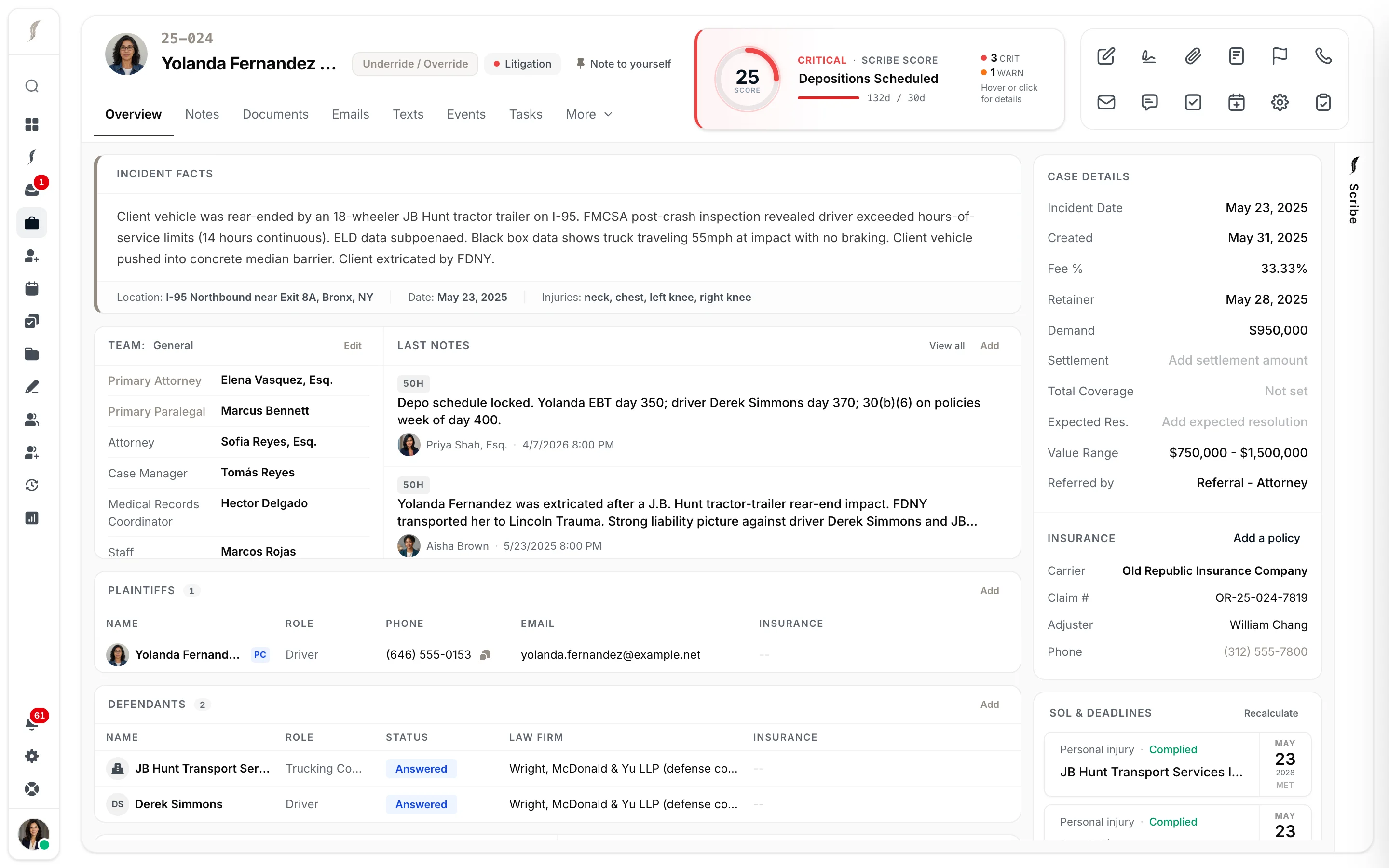 A case overview in JurisBuild: incident facts, team, notes, parties, case details, and the statute and deadlines rail
