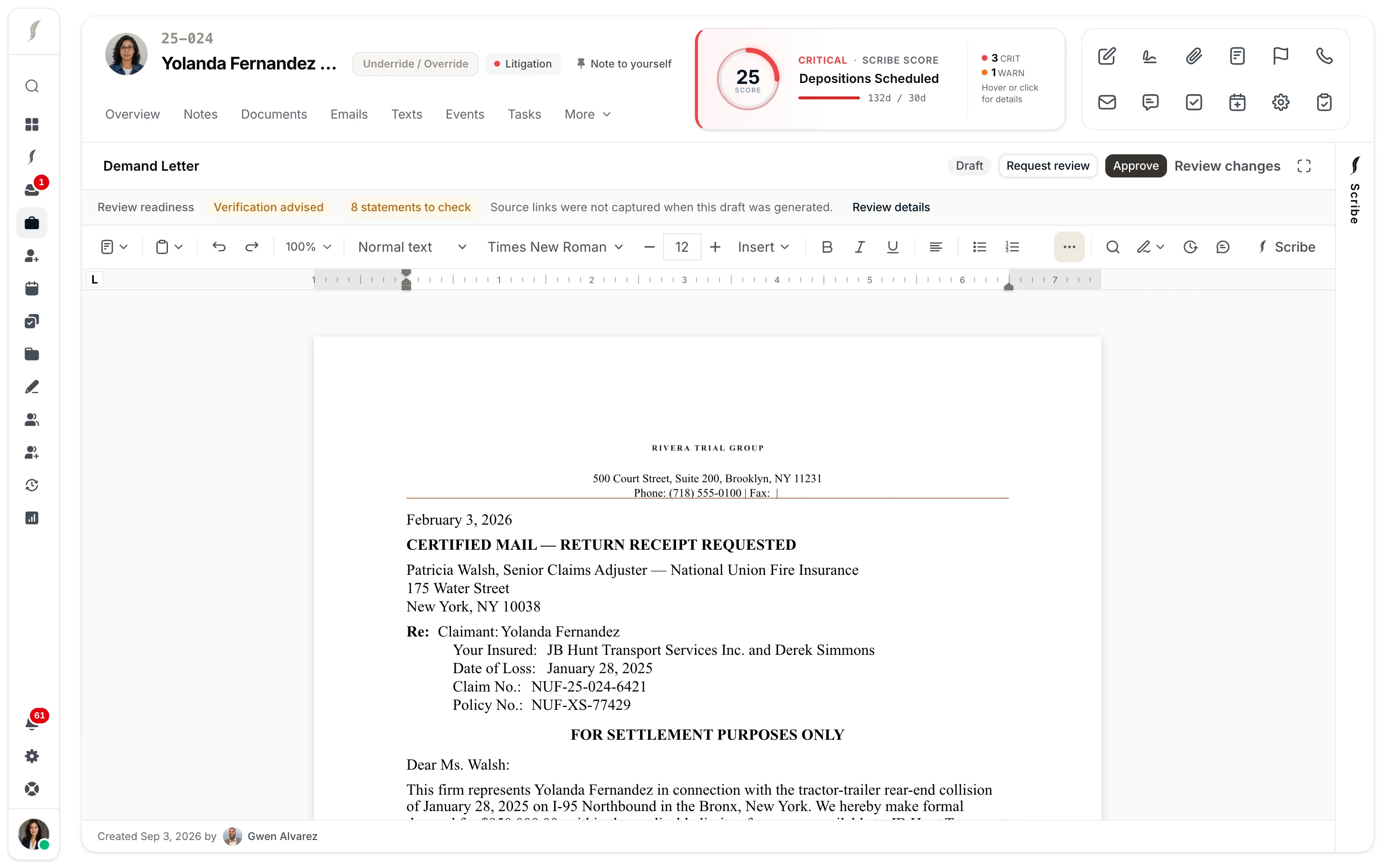 A demand letter open in the built-in JurisBuild DOCX editor, with document review controls and the case one click away