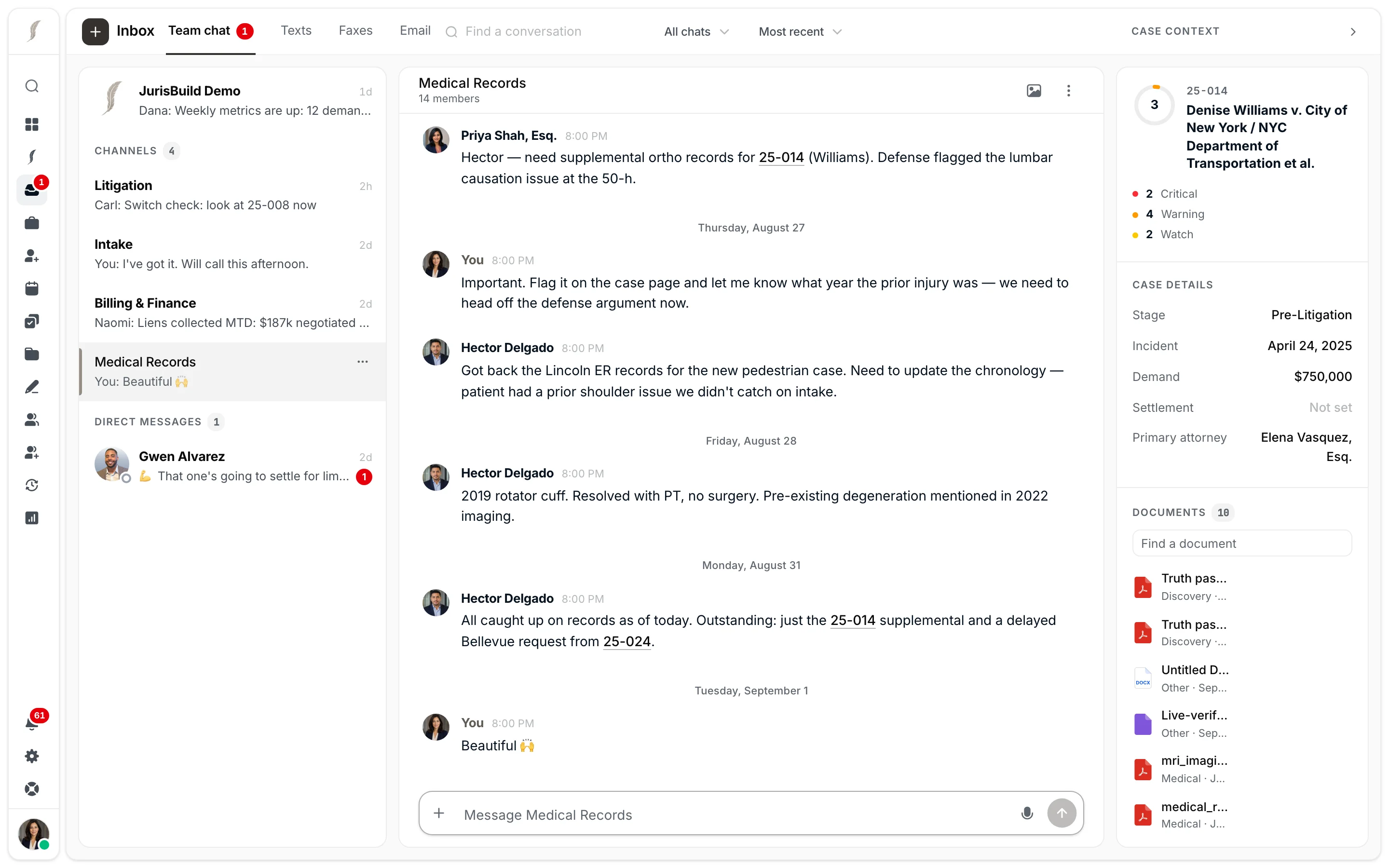 The JurisBuild Inbox with the Medical Records team conversation open and chat, text, fax, and email channels in one workspace