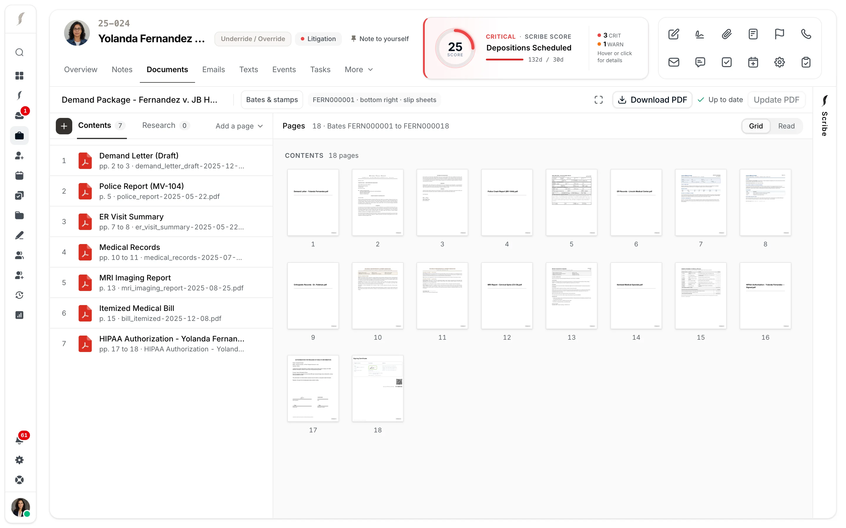 The JurisBuild packet designer assembling a demand package from case documents with drag-and-drop exhibit ordering