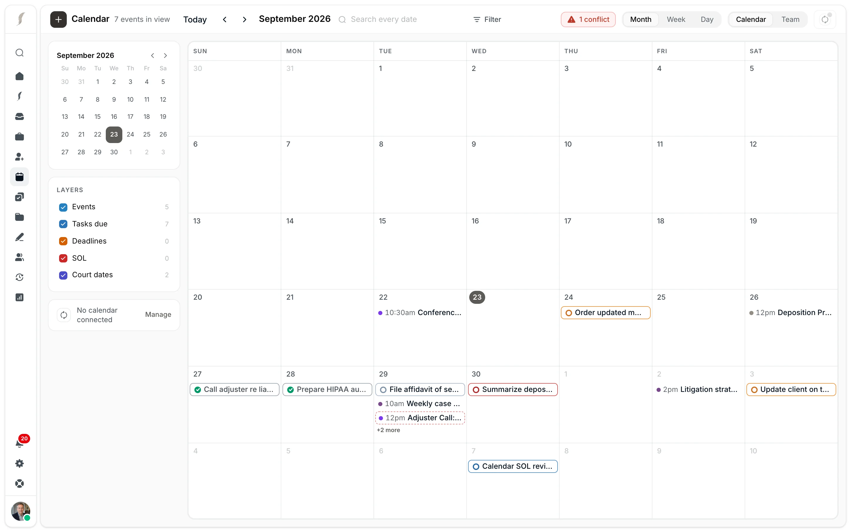 The JurisBuild calendar with its layers: events, tasks due, deadlines, statutes, and court dates, with conflicts flagged