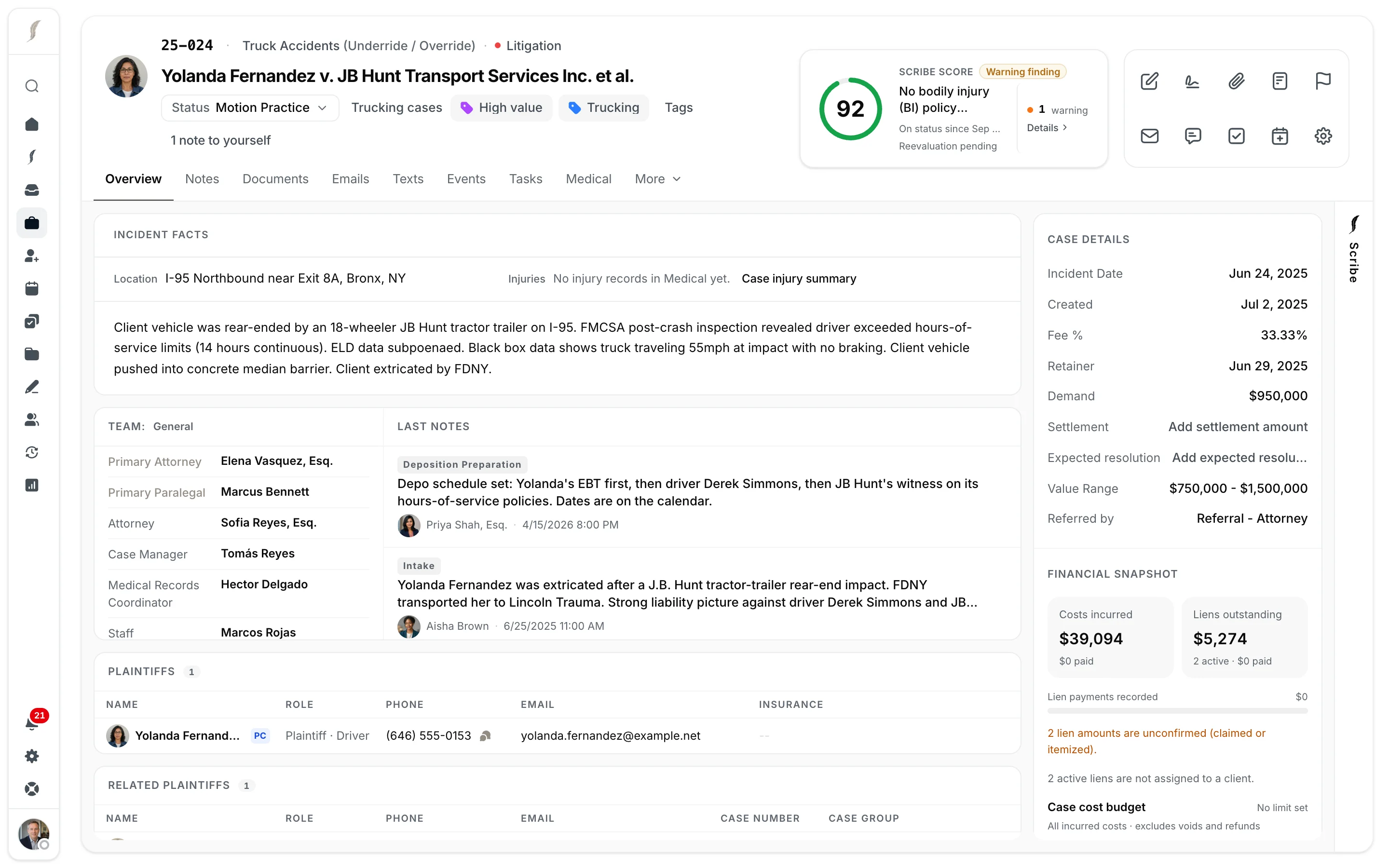 A case overview in JurisBuild: incident facts, team, notes, parties, case details, and the statute and deadlines rail