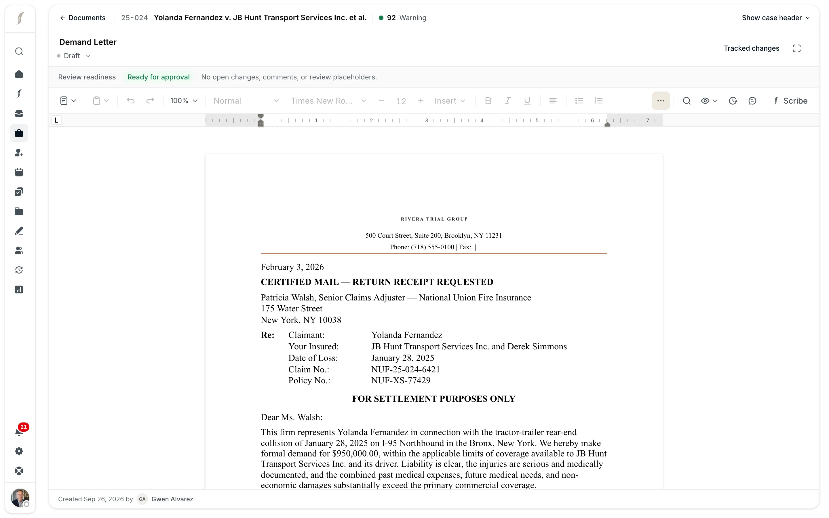A demand letter open in the built-in JurisBuild DOCX editor, with document review controls and the case one click away