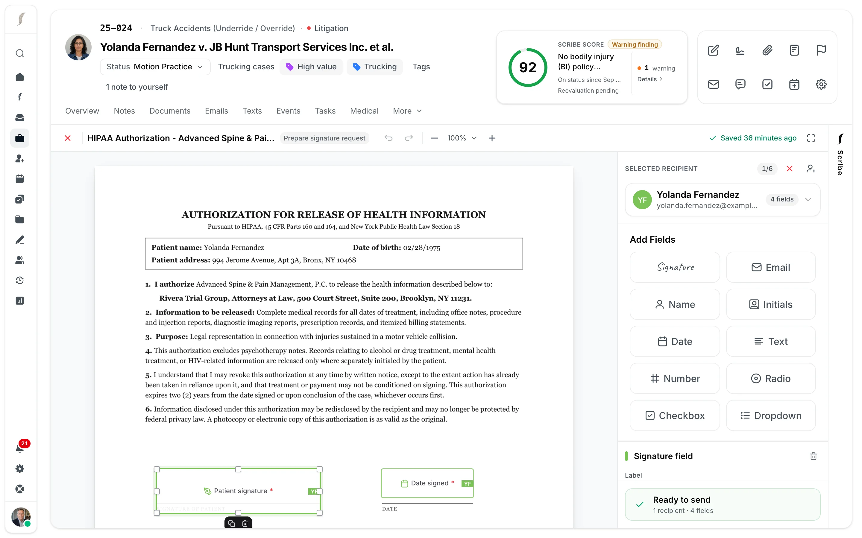 The JurisBuild e-signature designer with the client's signature, date, name, and relationship fields placed on a HIPAA authorization
